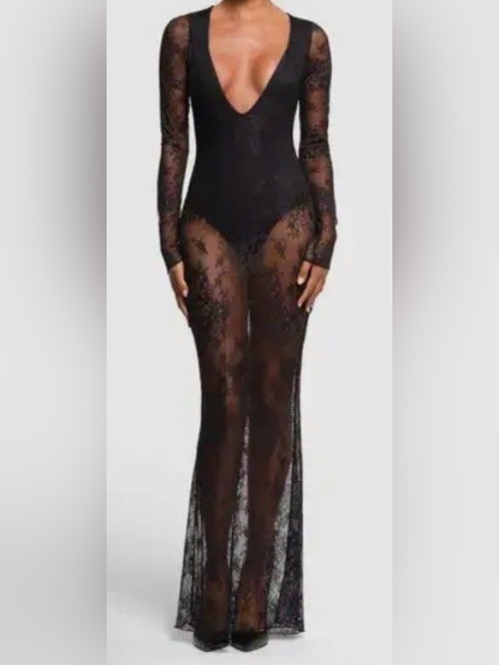 Skims Ultra Fine Lace Plunge Long Sleeved Maxi Dress Onyx Sz 2X Sexy Edgy Dark